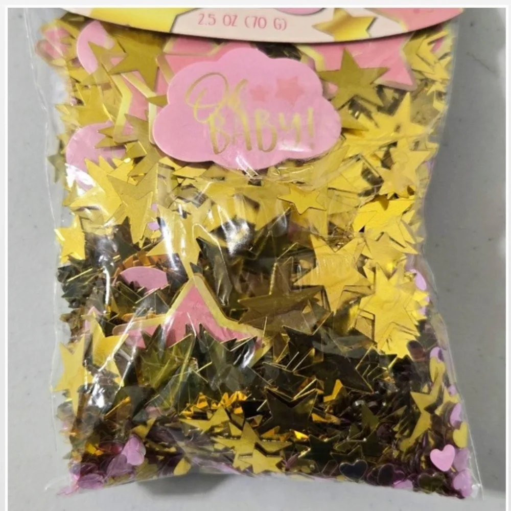 New amscan Confetti Baby Girl Party Gold Stars Hearts Pink Clouds 2.5oz NWT